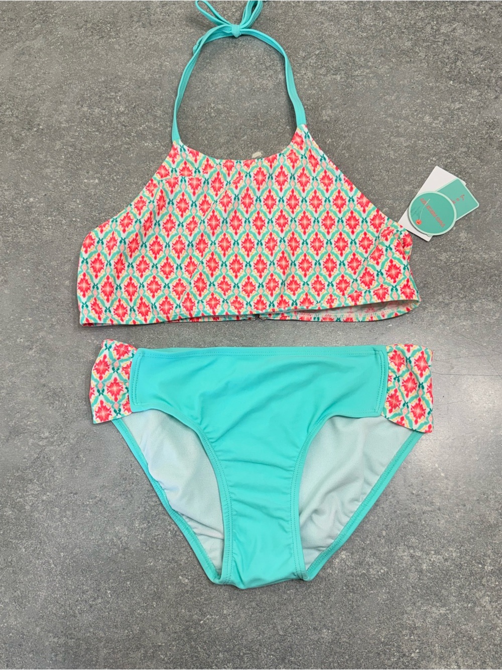 Copper Key Aqua and Pink Patterned Girls Two-Piece Swim Bikini